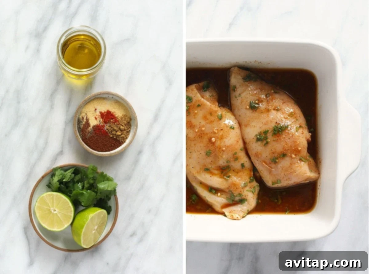 Essential ingredients for a vibrant fajita chicken marinade. Ingredients for chicken fajita marinade laid out with chicken breasts in a dish.