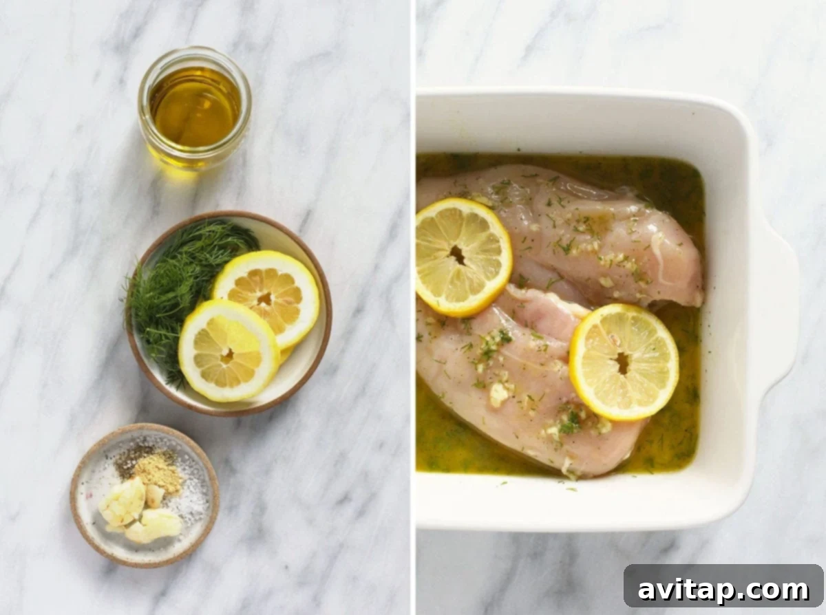 Fresh ingredients for a light and zesty lemon chicken marinade. Ingredients for lemon chicken marinade with chicken breasts in a dish, ready for marinating.