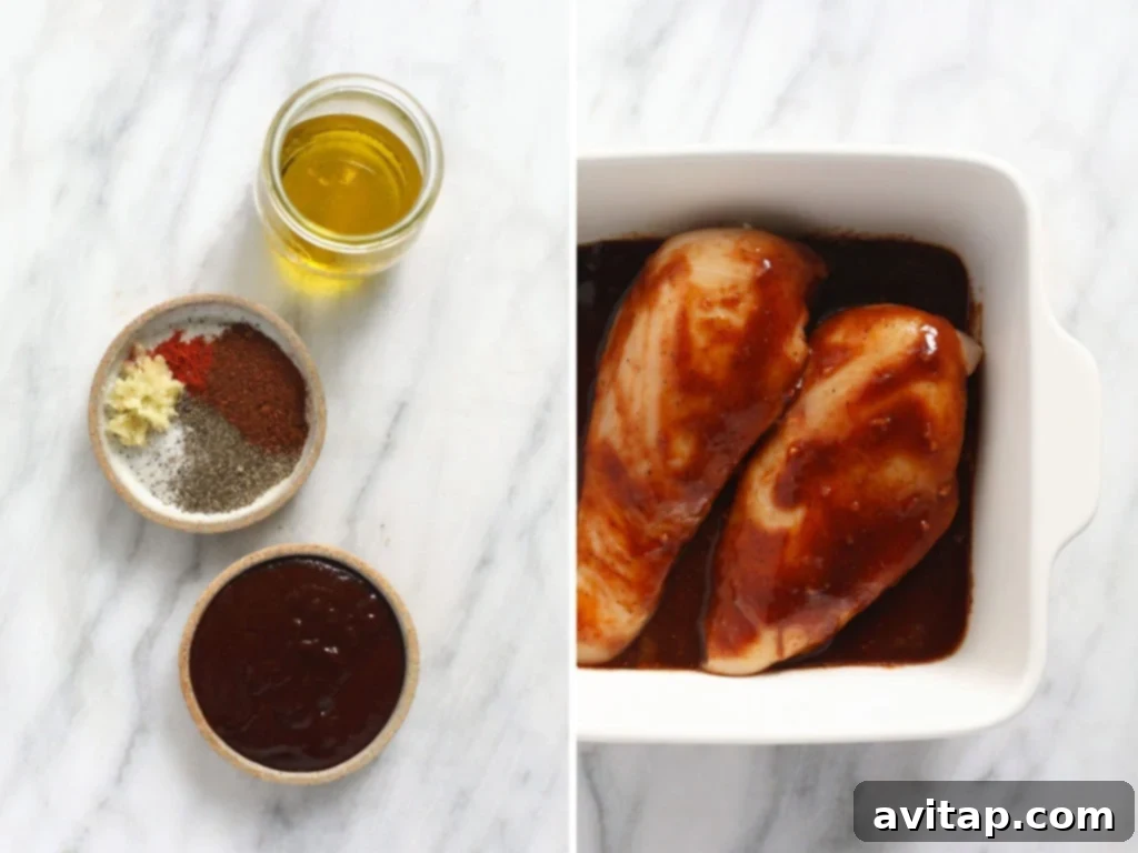 All you need for a smoky and sweet BBQ chicken marinade. Ingredients for BBQ chicken marinade alongside chicken breasts in a dish.