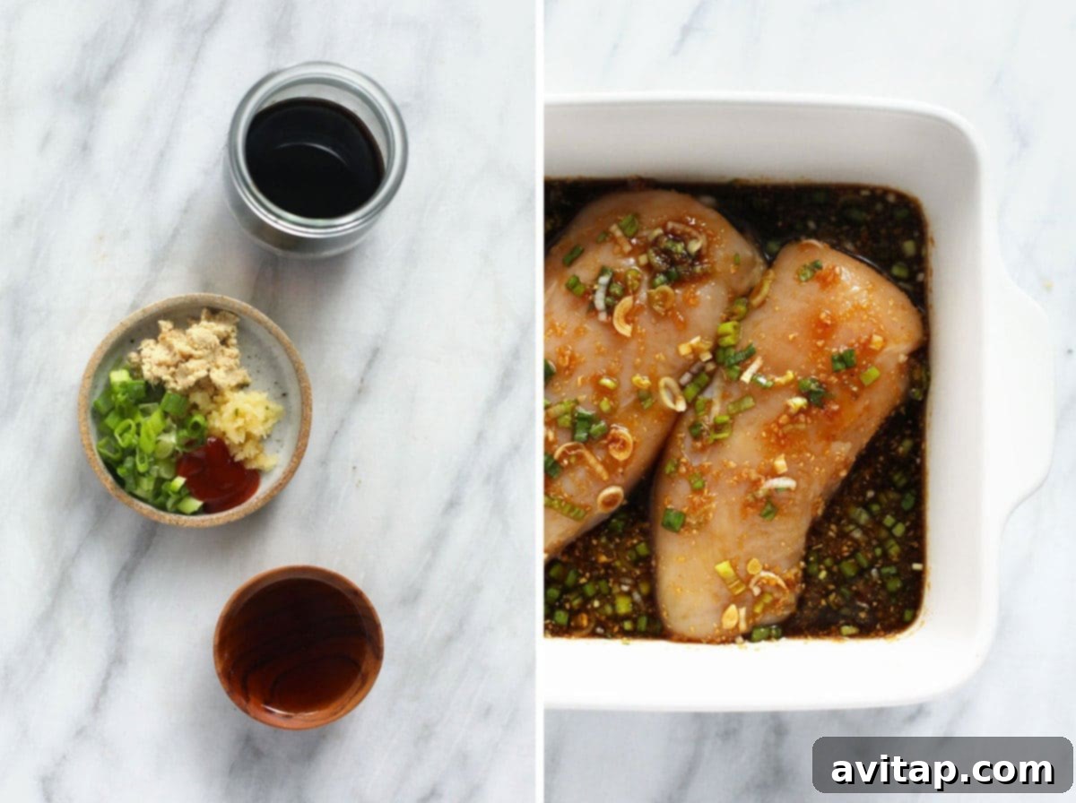 Key ingredients for an authentic and flavorful teriyaki chicken marinade. Ingredients for teriyaki chicken marinade, including soy sauce, ginger, and green onions, arranged with chicken.