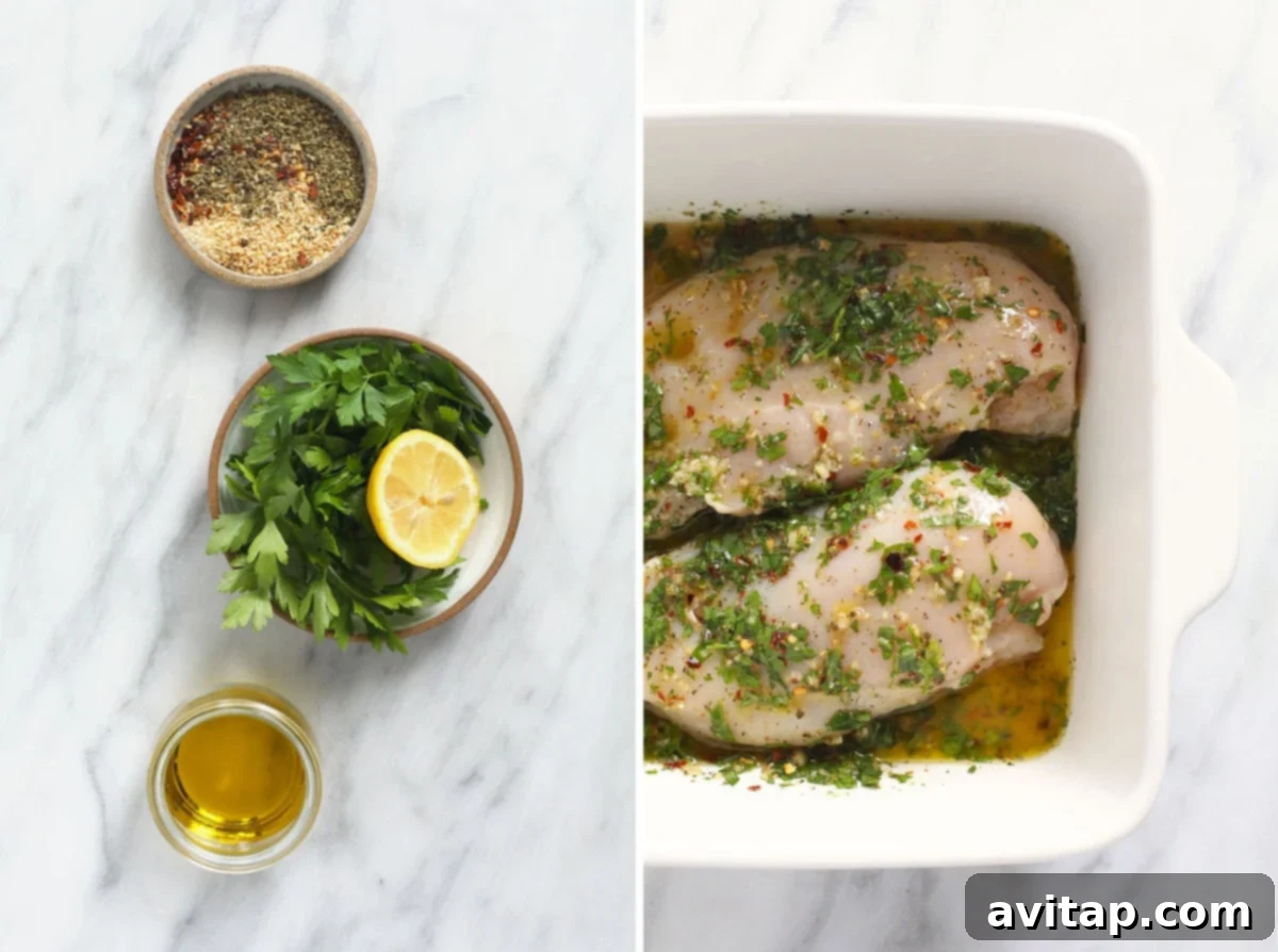 Fresh herbs and zesty lemon form the base of this delicious Italian chicken marinade. Italian chicken marinade ingredients, including fresh herbs, olive oil, and lemon, with chicken breasts.