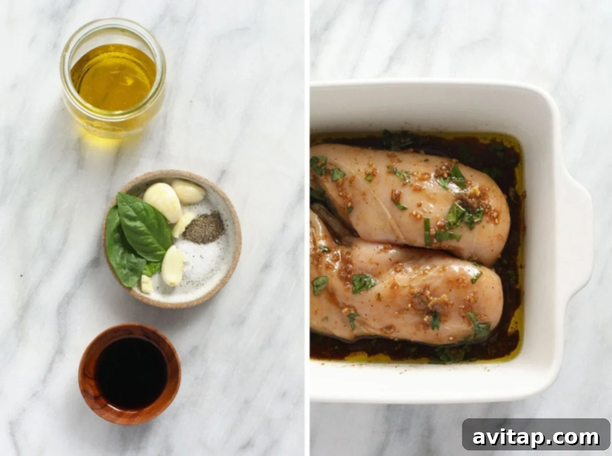 Simple yet profound ingredients for a rich balsamic chicken marinade. Balsamic chicken marinade ingredients, including balsamic vinegar, olive oil, garlic, and basil, with chicken.