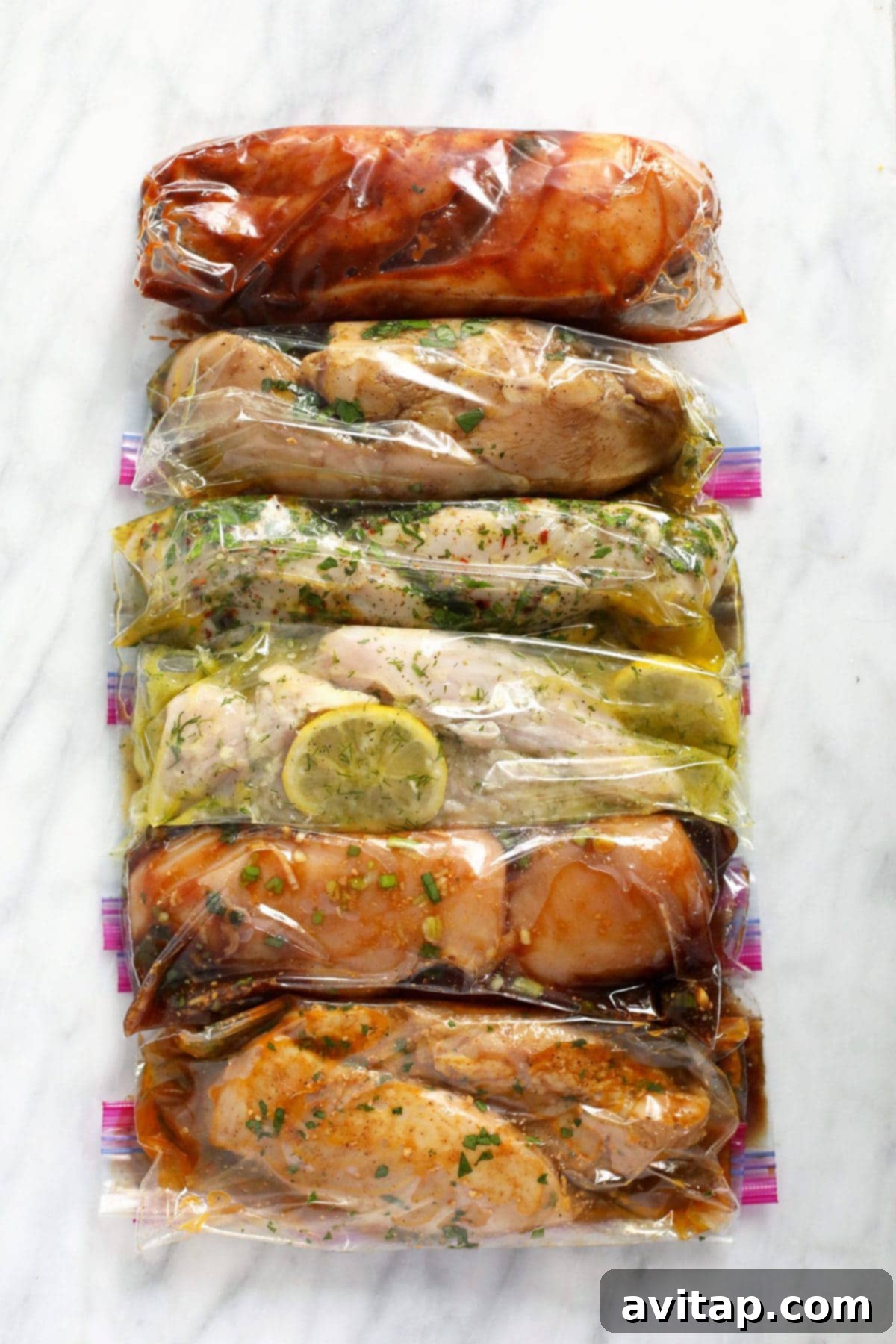 Variety of flavorful chicken marinades ready for cooking. Assortment of chicken breasts soaking in various marinades, each in a separate plastic bag.