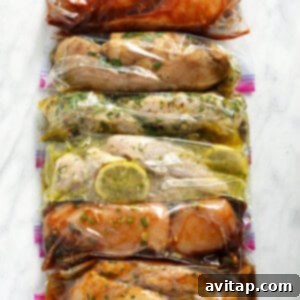 6 chicken marinades in plastic bags, illustrating the variety of flavors.