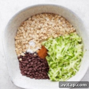 A large mixing bowl containing rolled oats, shredded zucchini, and chocolate chips.
