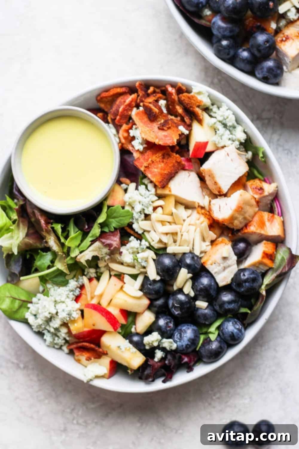 Chargrilled Chicken Garden Salad 9 Chicken salad in a bowl with dressing in a small bowl. This grilled chicken salad recipe is made with easy grilled chicken, greens, blueberries, apple, gorgonzola, bacon, slivered almonds, and a homemade creamy honey mustard dressing.