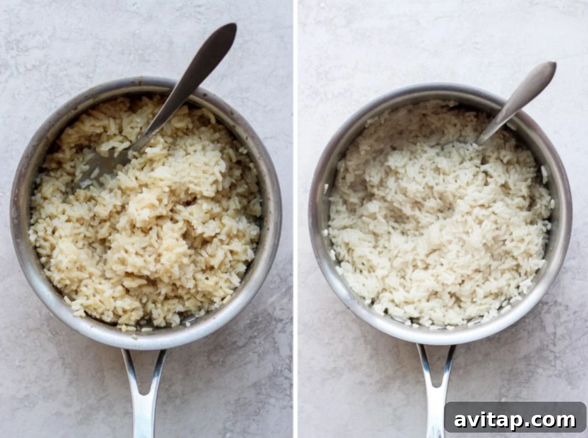 Make this cilantro lime rice for an easy and flavorful addition to any of your favorite meals! If you like Chipolte's cilantro lime rice, you are going to love this dish! You can make it with white rice or brown rice and is great for meal prep. Two pots, one containing cooked brown rice and the other cooked white rice, illustrating the difference.