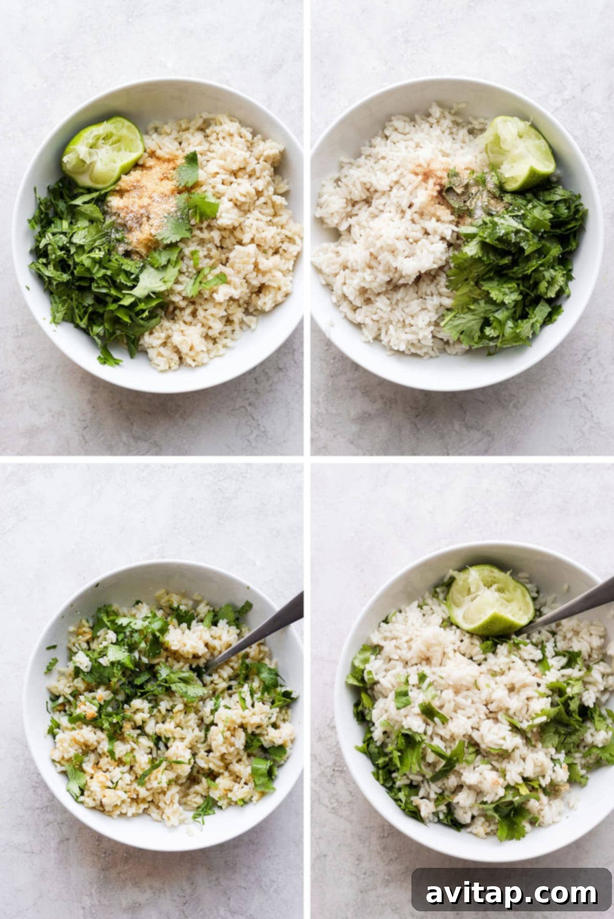 Make this cilantro lime rice for an easy and flavorful addition to any of your favorite meals! If you like Chipolte's cilantro lime rice, you are going to love this dish! You can make it with white rice or brown rice and is great for meal prep. A visual step-by-step guide showing bowls with cooked rice, then rice with cilantro and lime, and finally the mixed cilantro lime rice.