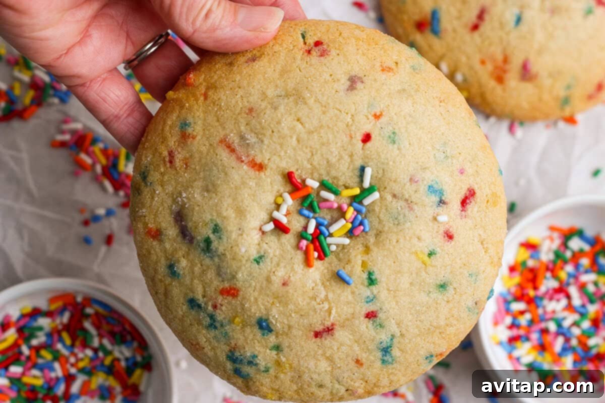 Close-up of a hand holding a protein sugar cookie decorated with colorful sprinkles.