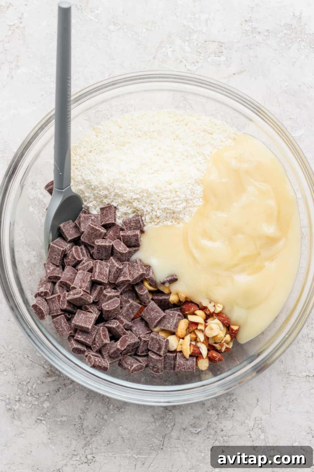 Sweetened condensed milk, nuts, coconut, and chocolate chunks