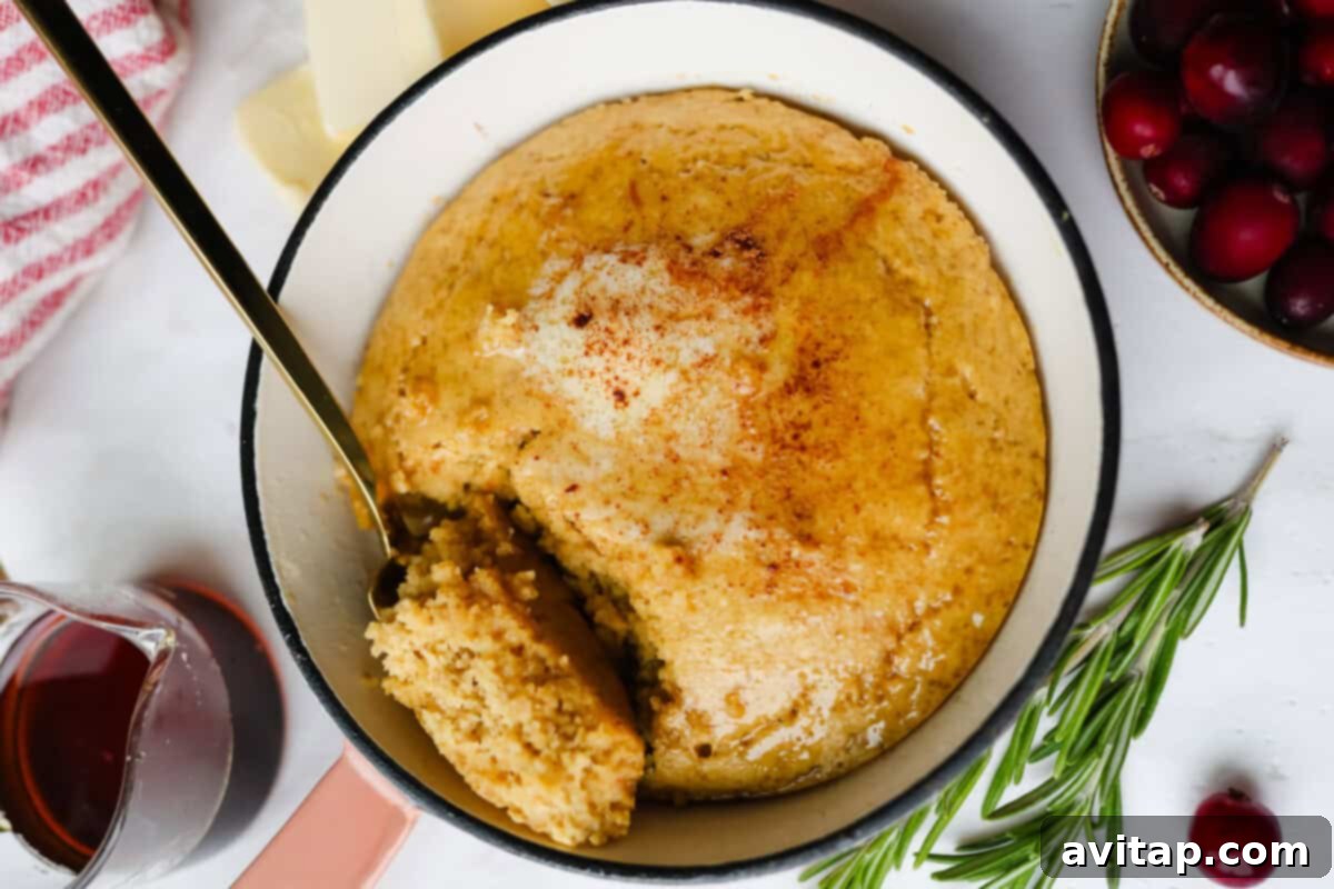 Delicious Eggnog Protein Pancake Bowl with butter, syrup, cranberries, and rosemary.
