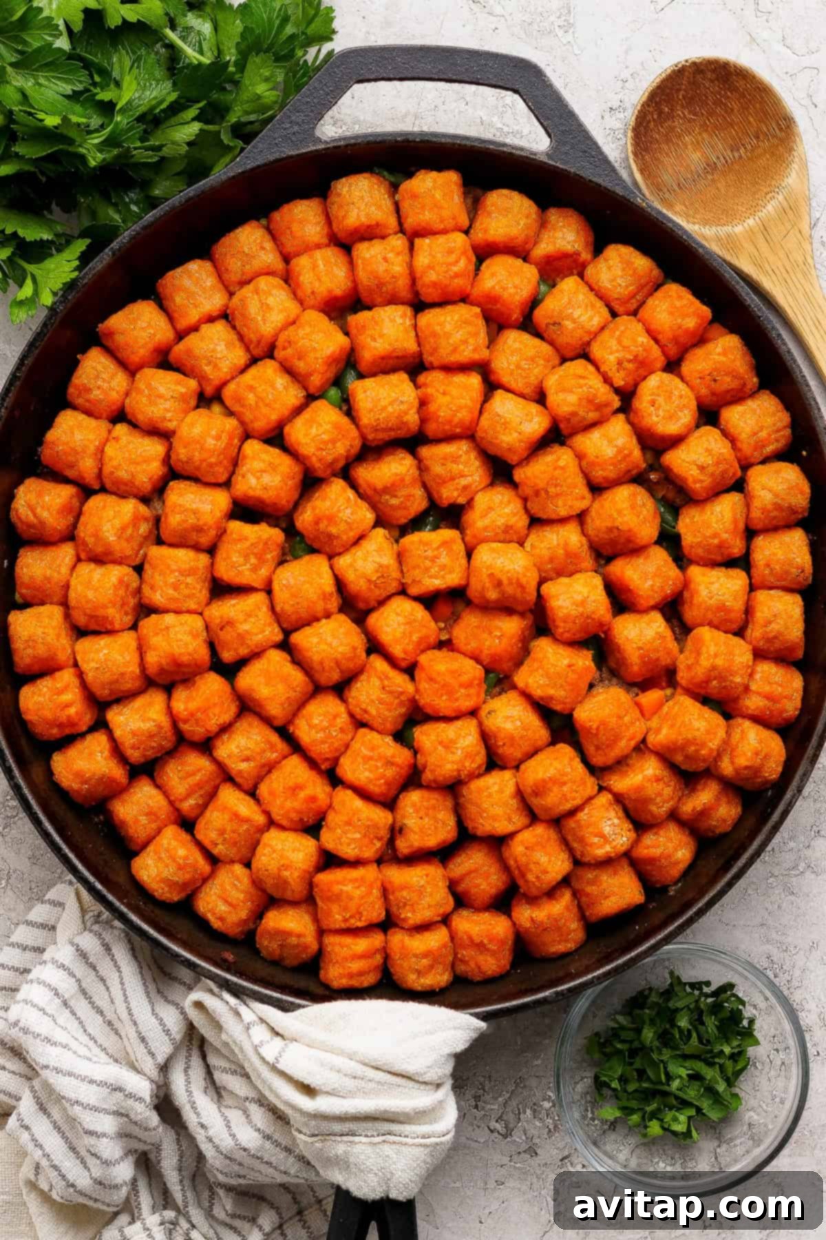 Sweet Potato Tater Tot Casserole ready to bake