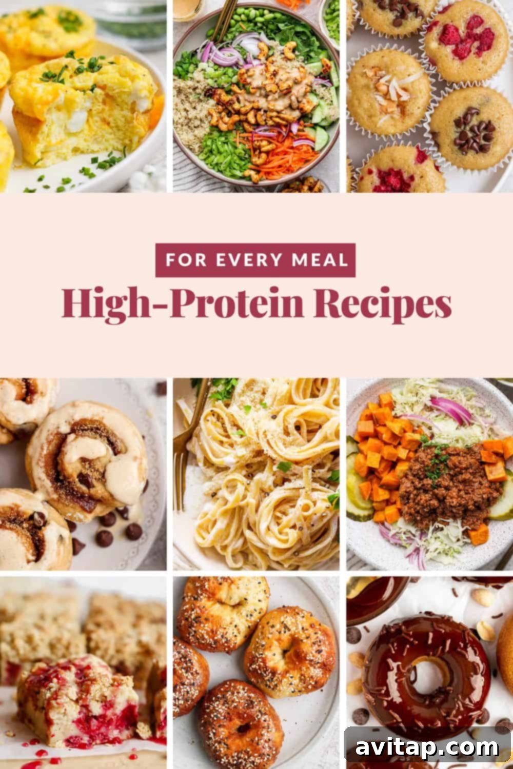 A collage showcasing various high-protein meal and snack ideas, including muffins, salads, pasta, cinnamon rolls, bagels, and donuts. The central text reads 'For Every Meal: High-Protein Recipes.'