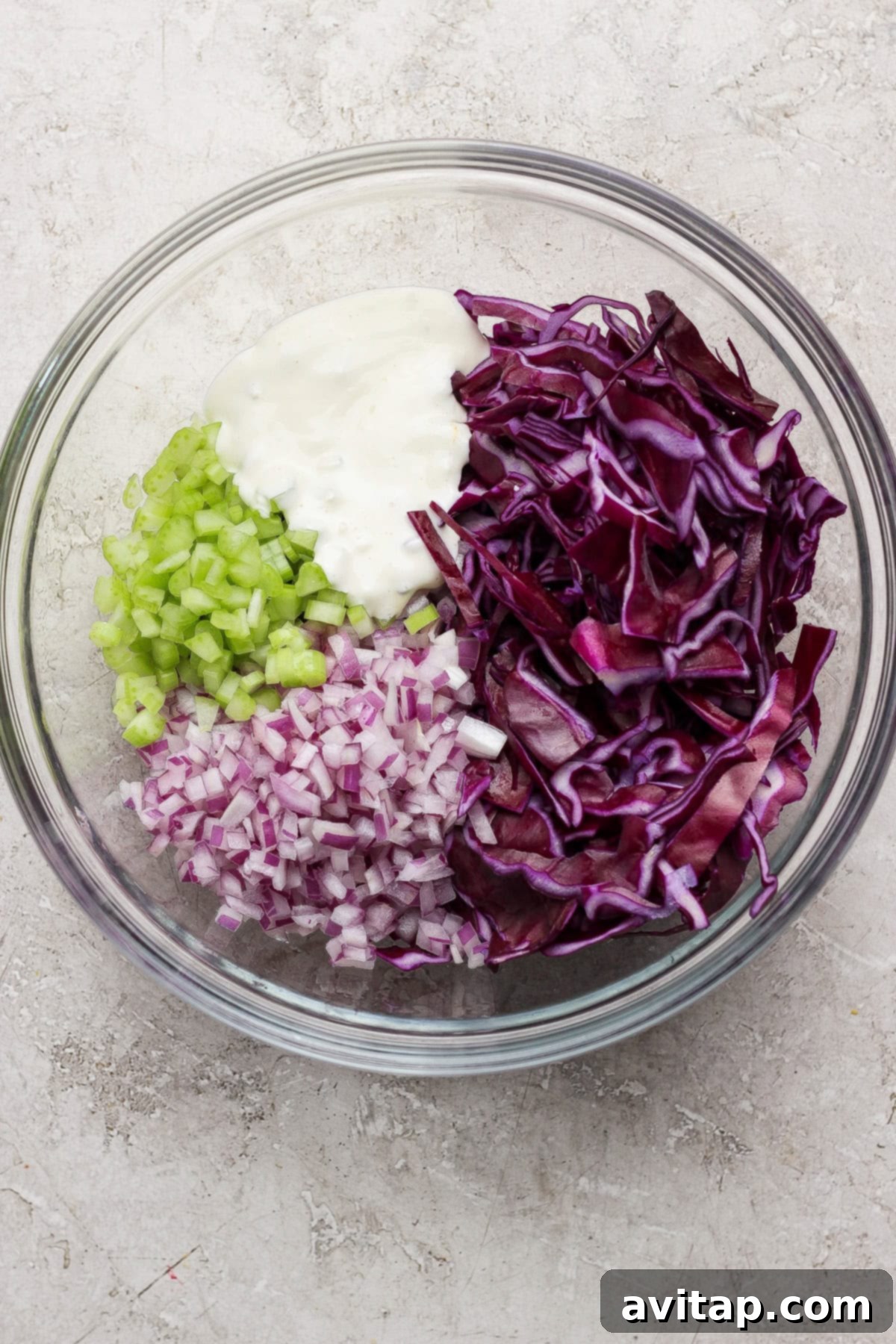 Simple Slaw Ingredients - Red cabbage, red onion, celery, lemon, and blue cheese dressing.