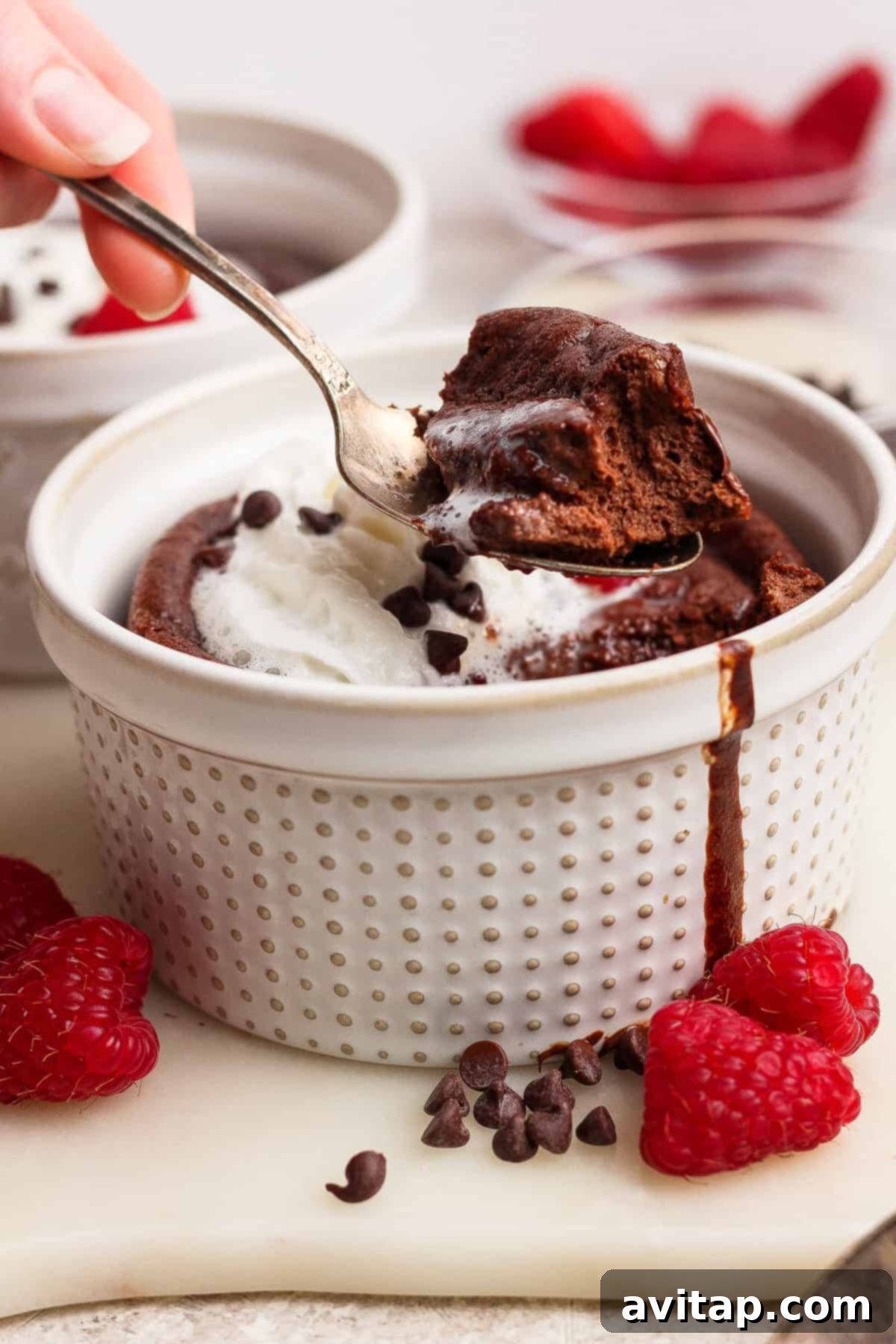 A spoonful of chocolate lava cake with whipped cream, raspberries, and chocolate chips.