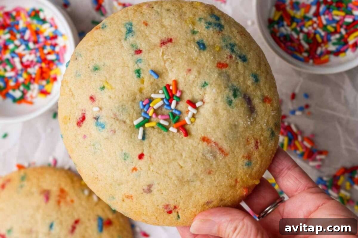A large protein sugar cookie held in hand with colorful sprinkles.