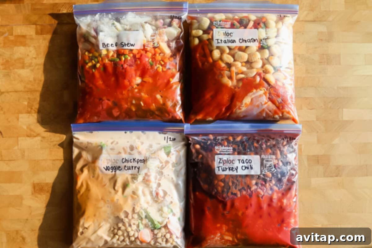 Four labeled freezer bags filled with homemade meals—beef stew, Italian chicken, chickpea veggie curry, and taco turkey chili—arranged on a wooden surface.