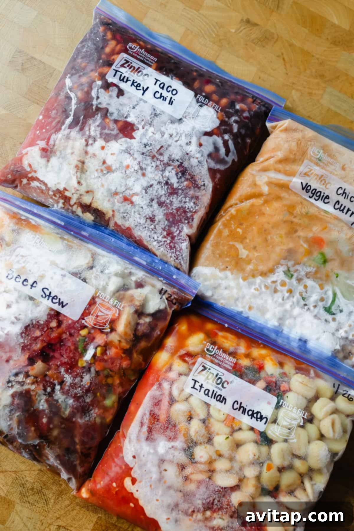 Four labeled freezer bags containing frozen meals: taco turkey chili, veggie curry, beef stew, and Italian chicken, placed on a wooden surface.