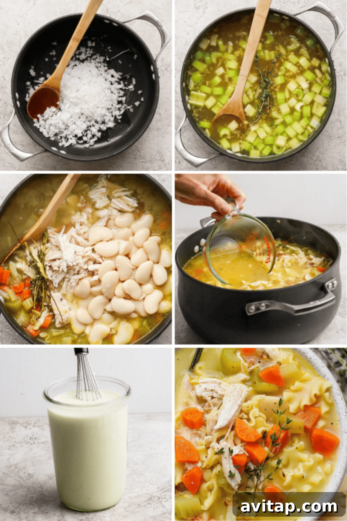 Step-by-step images showing how to make the high protein creamy chicken soup, from sautéing vegetables to serving the finished dish.