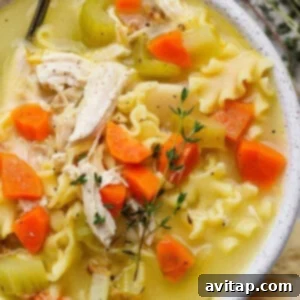 Close-up shot of the finished chicken soup.