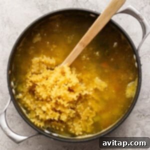 Adding pasta and chicken to the soup.