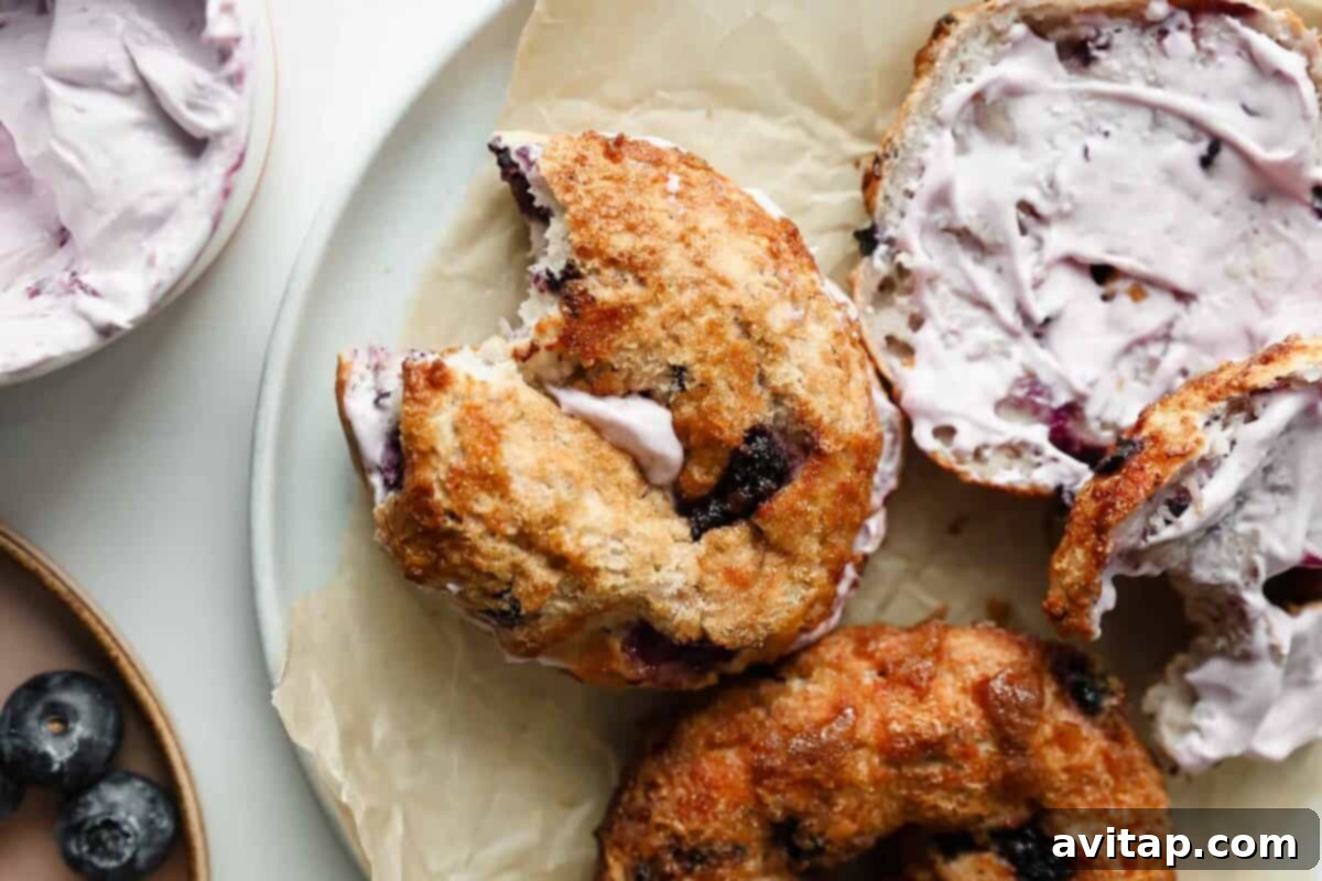 A delicious blueberry bagel filled with lavender cream cheese.