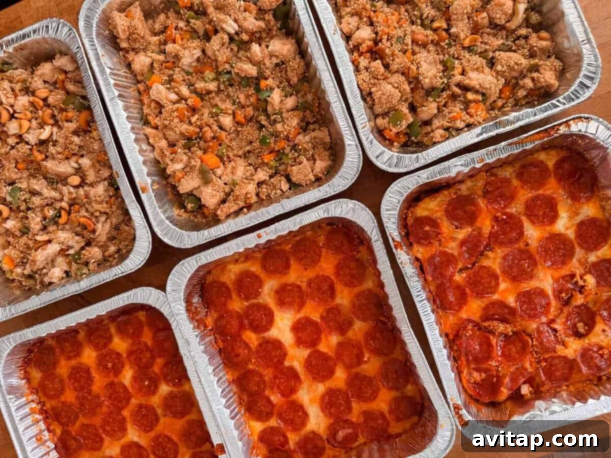 Assortment of casseroles, including pepperoni pizza and stir-fry dishes.
