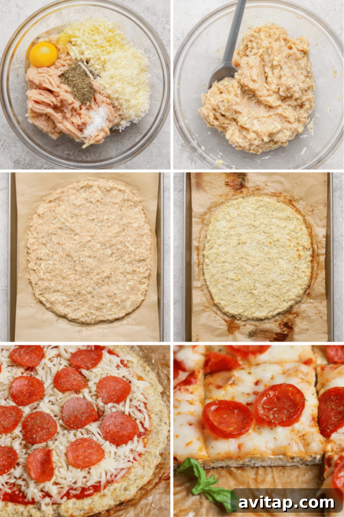 Step-by-step images showcasing the process of making chicken crust pizza, from mixing the ingredients to baking and adding toppings.