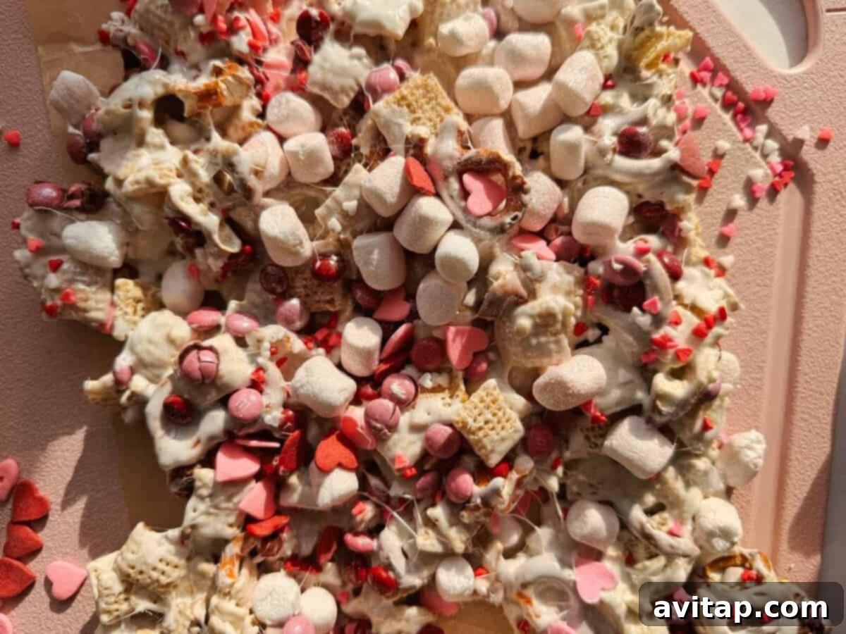 Cupid's Crunch: A Valentine's Day Snack 2 Valentine's Day snack mix with white chocolate, marshmallows, Chex cereal, heart sprinkles, and chocolate candies.
