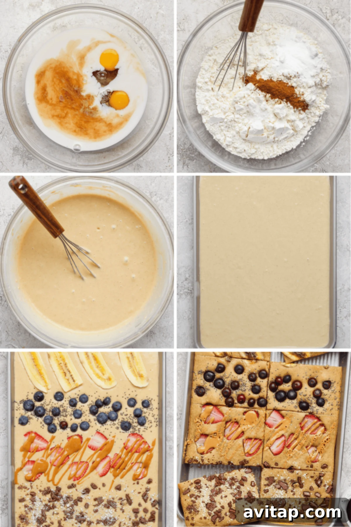 Step-by-step instructions: mixing the batter, pouring it onto the pan, adding toppings, and slicing the finished product.
