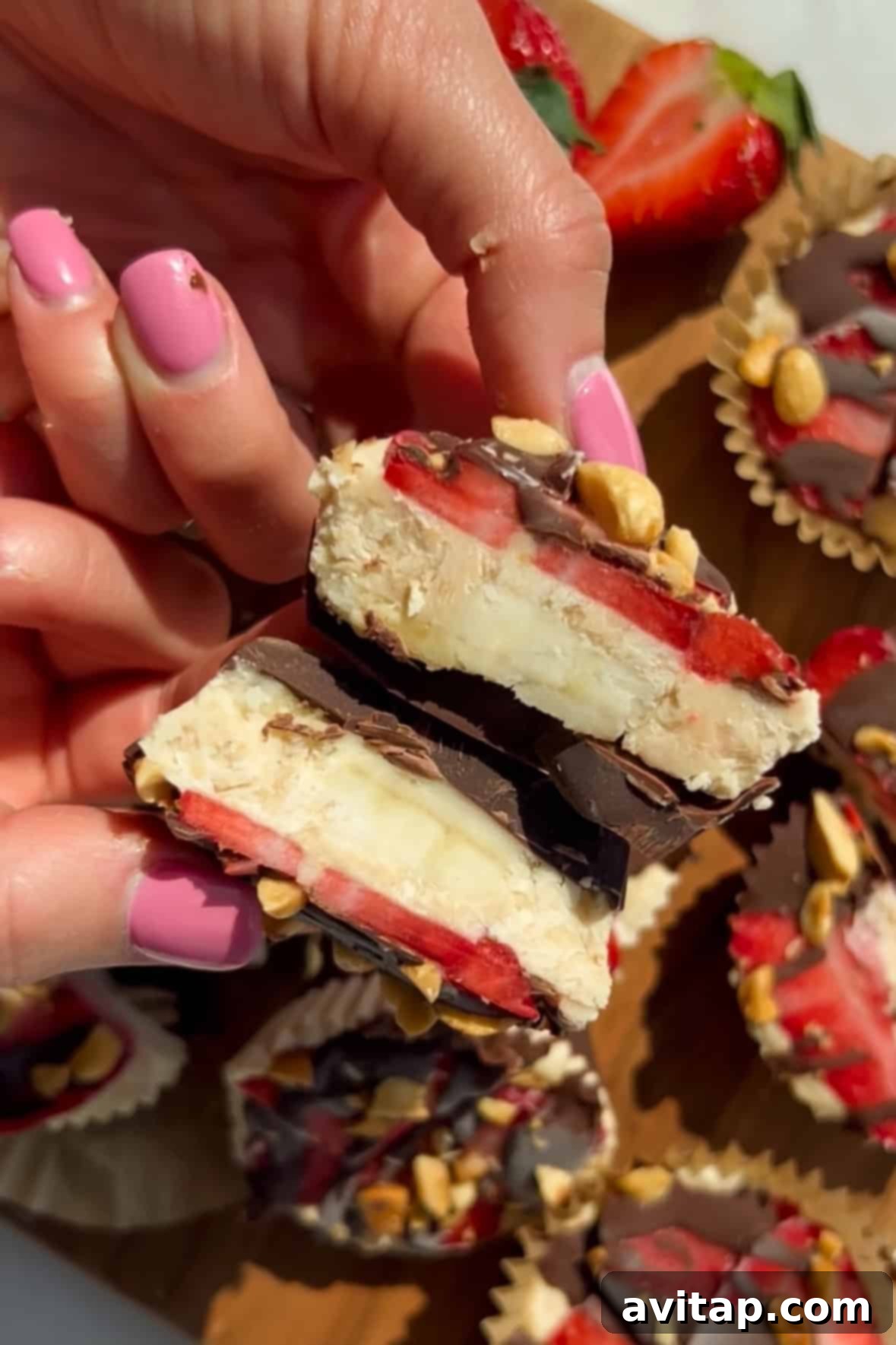 Frozen Peanut Butter Banana Split Cups being held