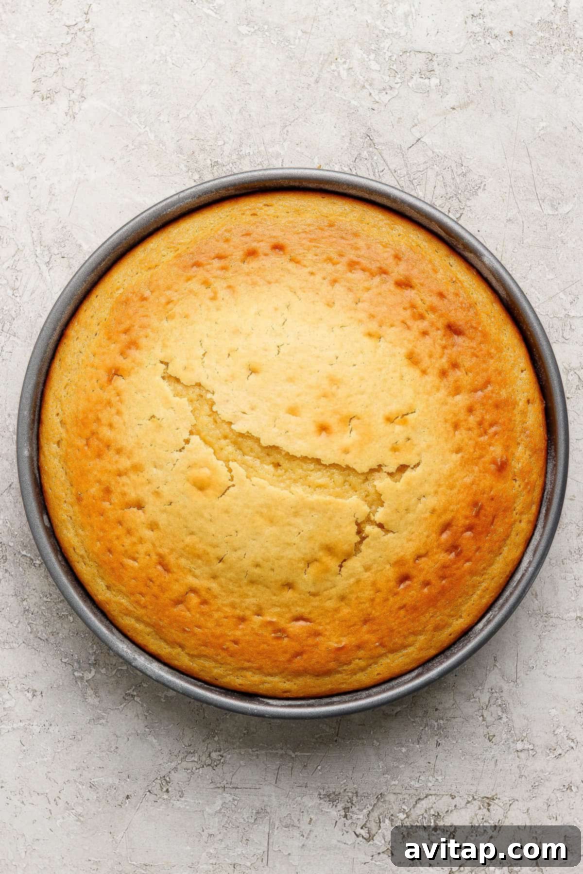 A round, golden-brown cake with a crack across the center sits in a metal baking pan on a light textured surface.