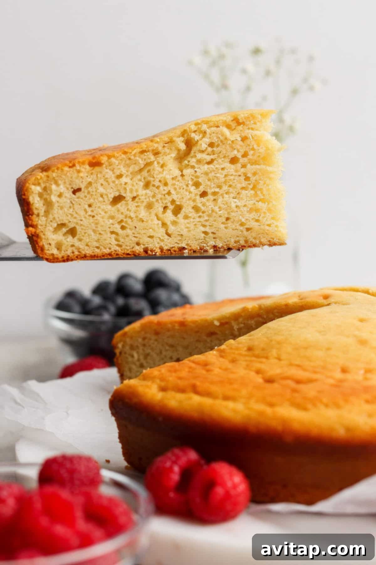 A slice of plain yellow cake being lifted from a round cake, with fresh raspberries and blueberries in bowls nearby.