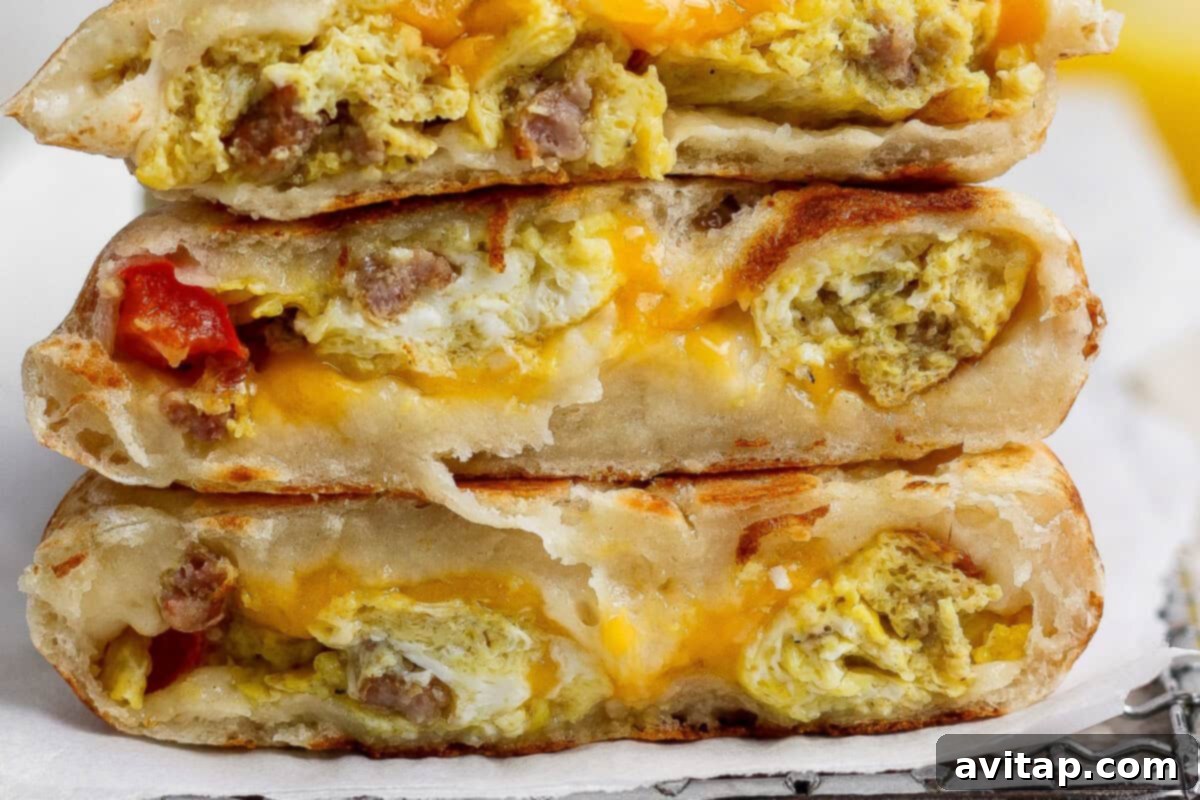 Three golden-brown, breakfast stuffed English muffins stacked, revealing a delicious filling of scrambled eggs, sausage, and melted cheese, with hints of red bell pepper.