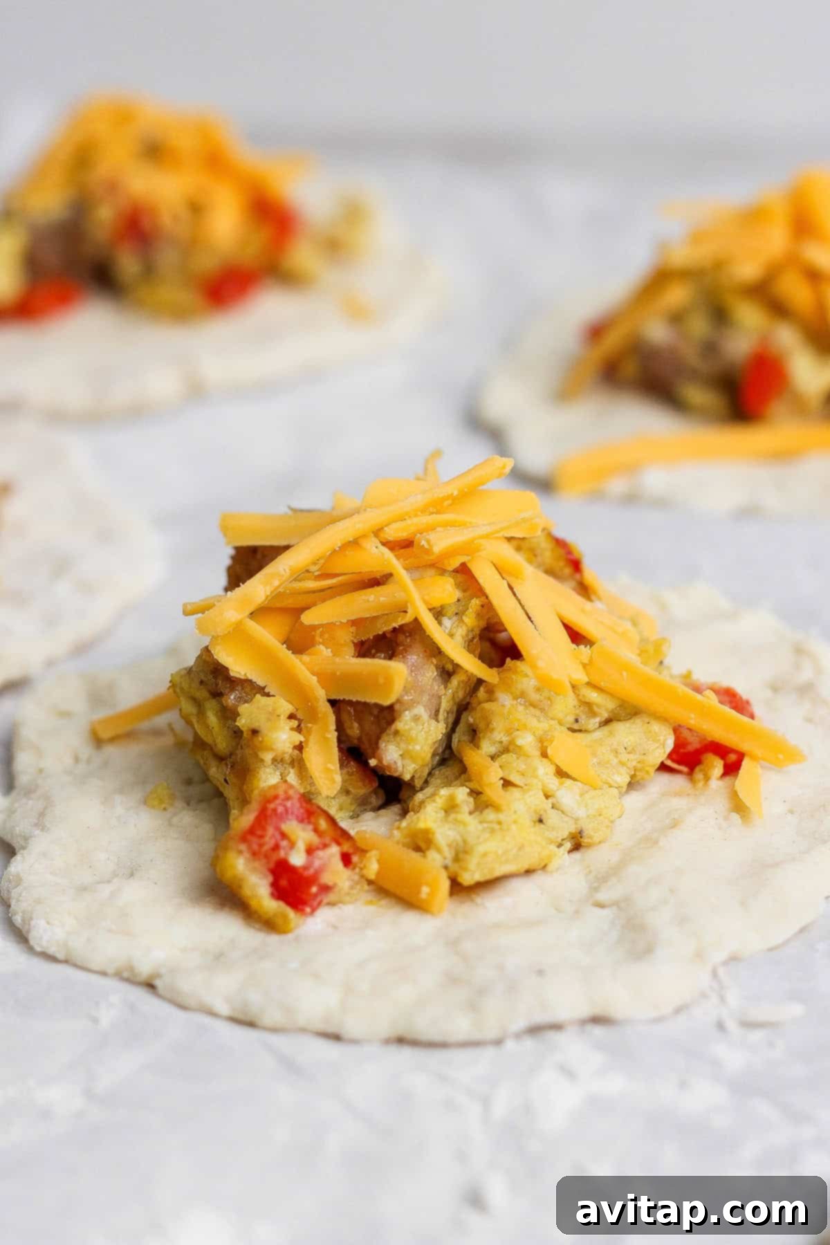 An uncooked round of English muffin dough topped with a generous portion of scrambled eggs, red bell peppers, and shredded cheddar cheese, perfectly prepped for assembly.