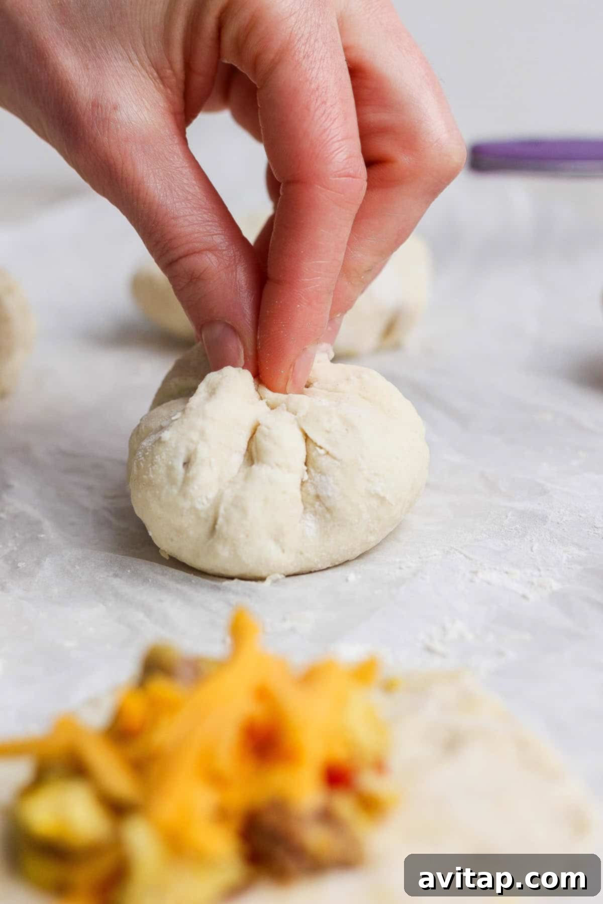 A close-up of a hand gently pinching the edges of a dough ball together to seal the breakfast filling inside, with another filled and unsealed dough piece visible in the foreground.