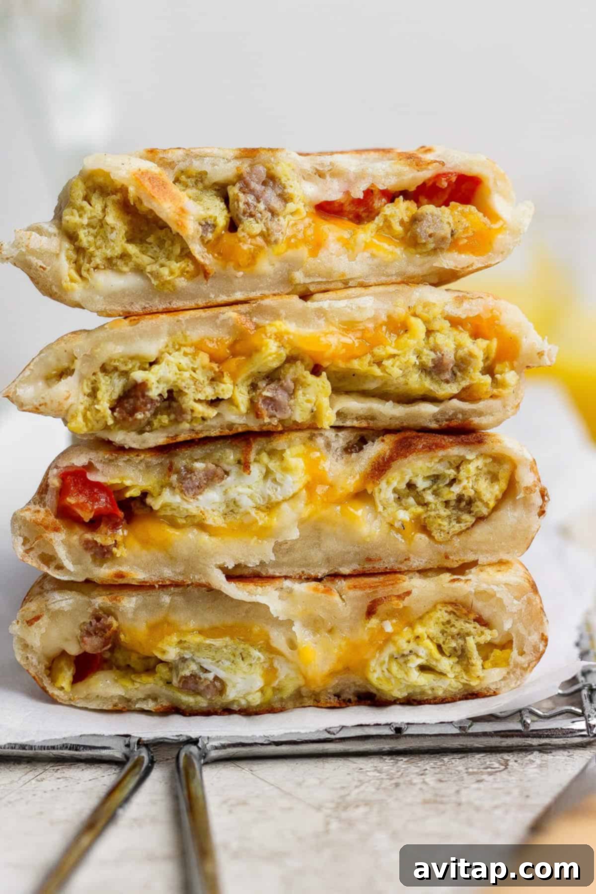 Four breakfast quesadilla wedges stacked on a cooling rack, richly filled with scrambled eggs, savory sausage, melted cheese, and tender pieces of tomato.