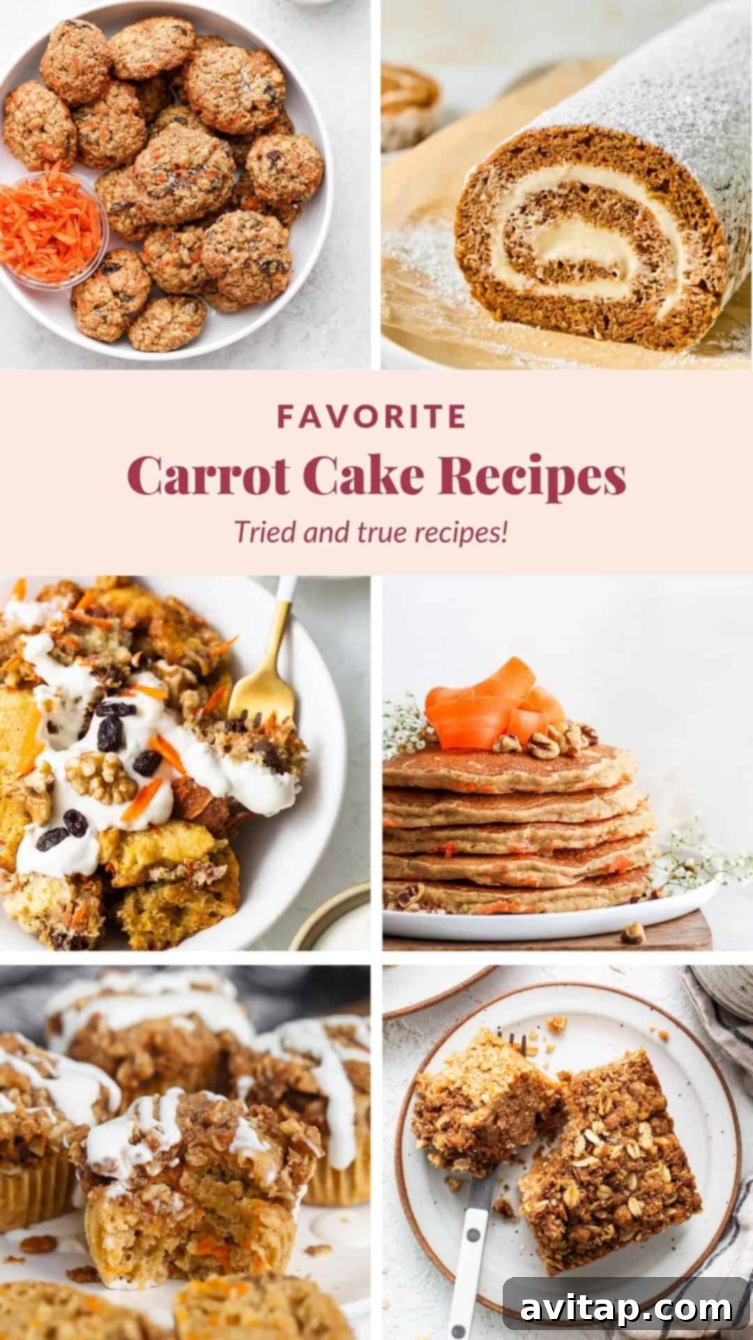 Crave-Worthy Carrot Cake Collection 2 A vibrant collage showcasing diverse carrot cake creations: soft cookies, an elegantly rolled cake, fluffy pancakes, hearty muffins, rich cake squares, and a beautifully plated classic carrot cake dessert.
