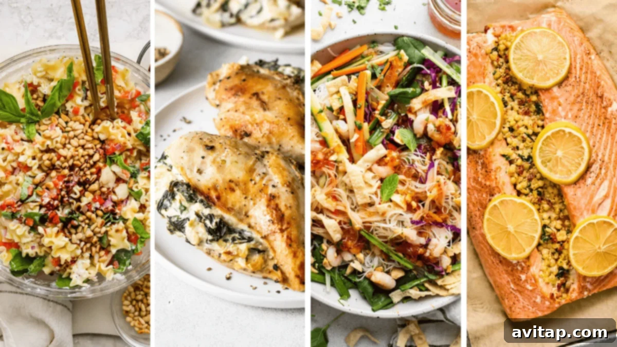Four food dishes: a pasta salad with pine nuts, stuffed chicken breasts, a noodle salad with vegetables, and a baked salmon fillet topped with lemon slices and a crumb mixture.