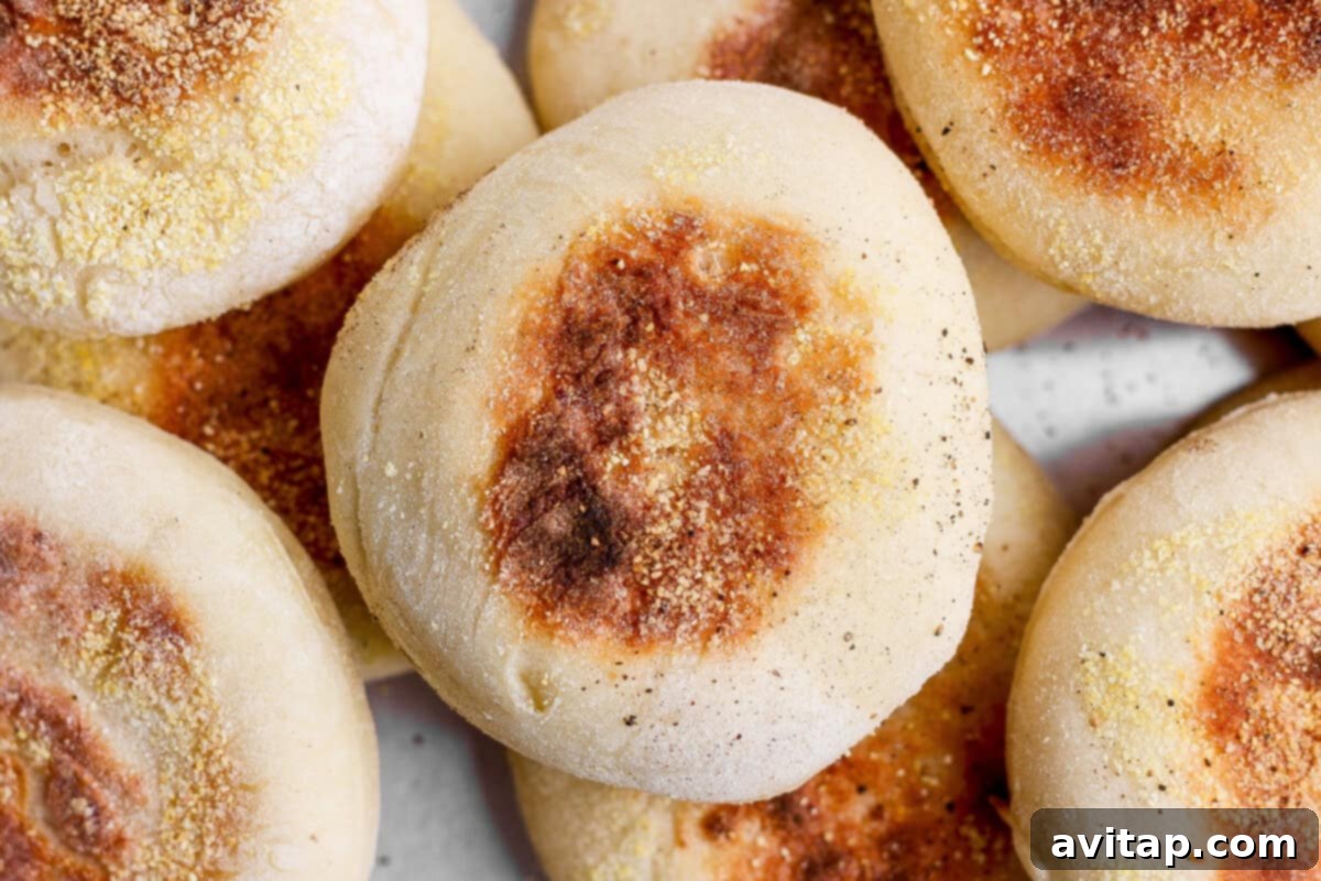 A close-up photo of several golden-brown English muffins sprinkled with cornmeal.