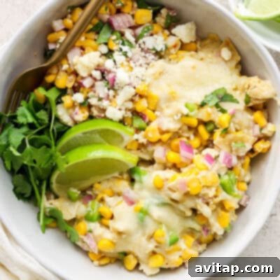 Game Changing Street Corn Recipes 4 A comforting bowl of one-pot street corn white chicken enchilada casserole.