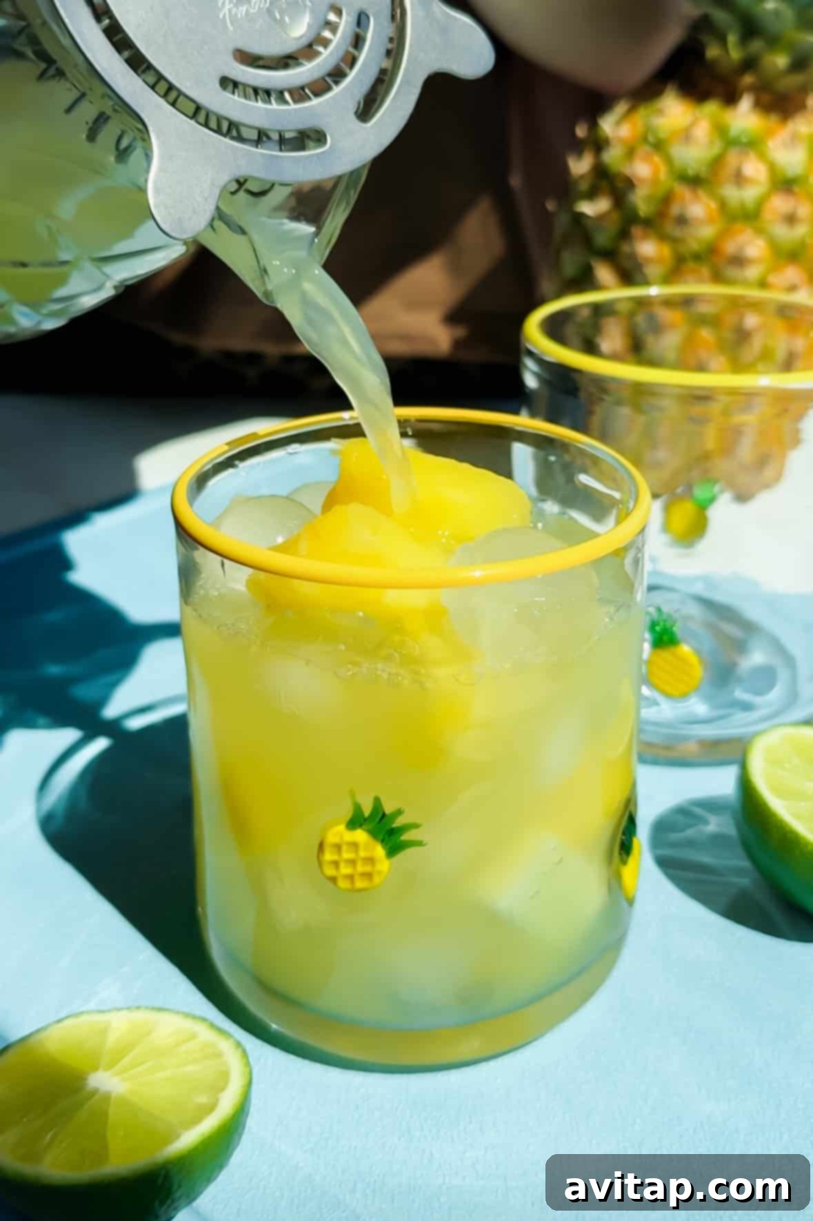 A glass with ice and yellow frozen fruit is being filled with juice. The glass has pineapple designs. Lime halves and another glass are nearby.