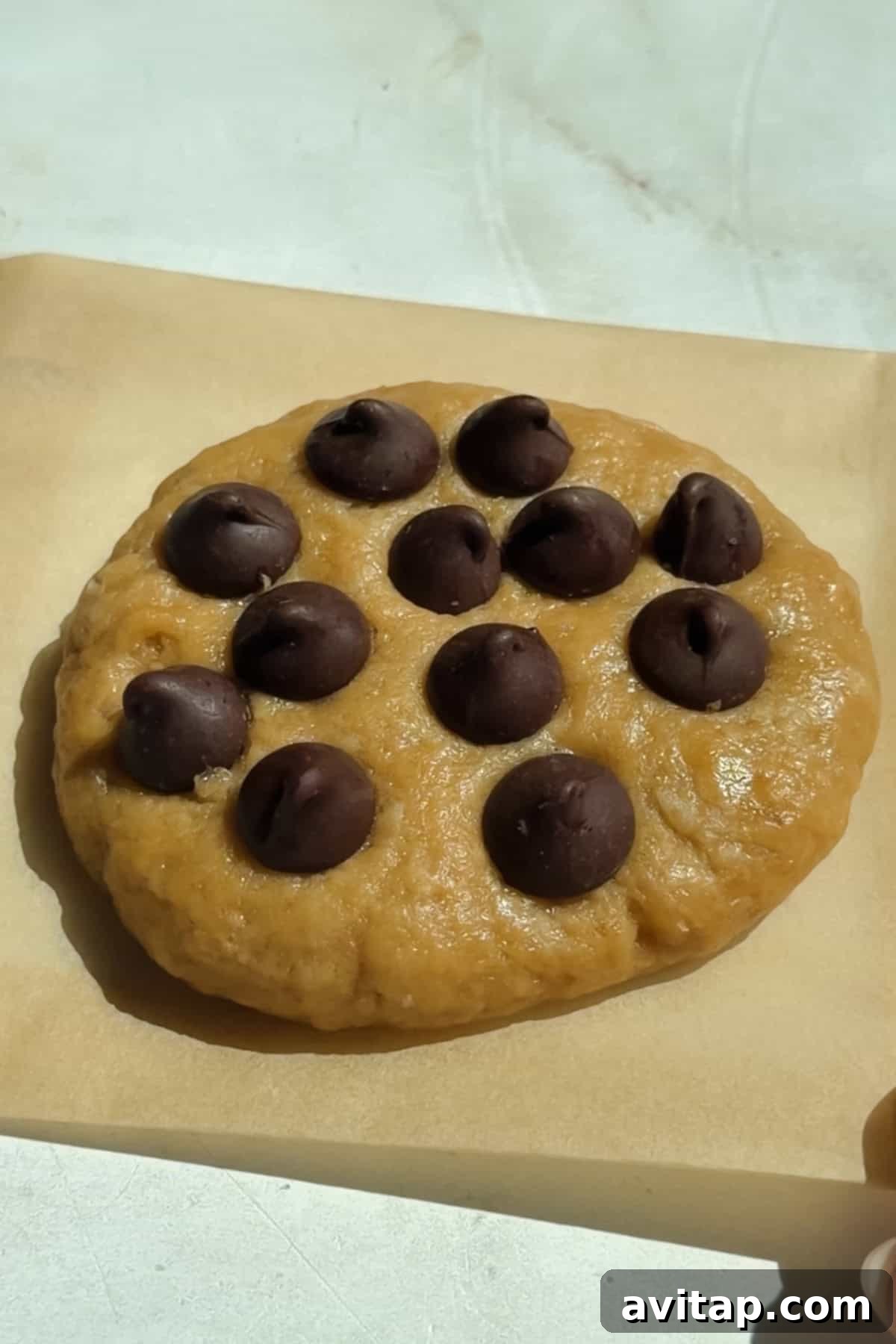A round piece of cookie dough topped with chocolate chips sits on a sheet of parchment paper.