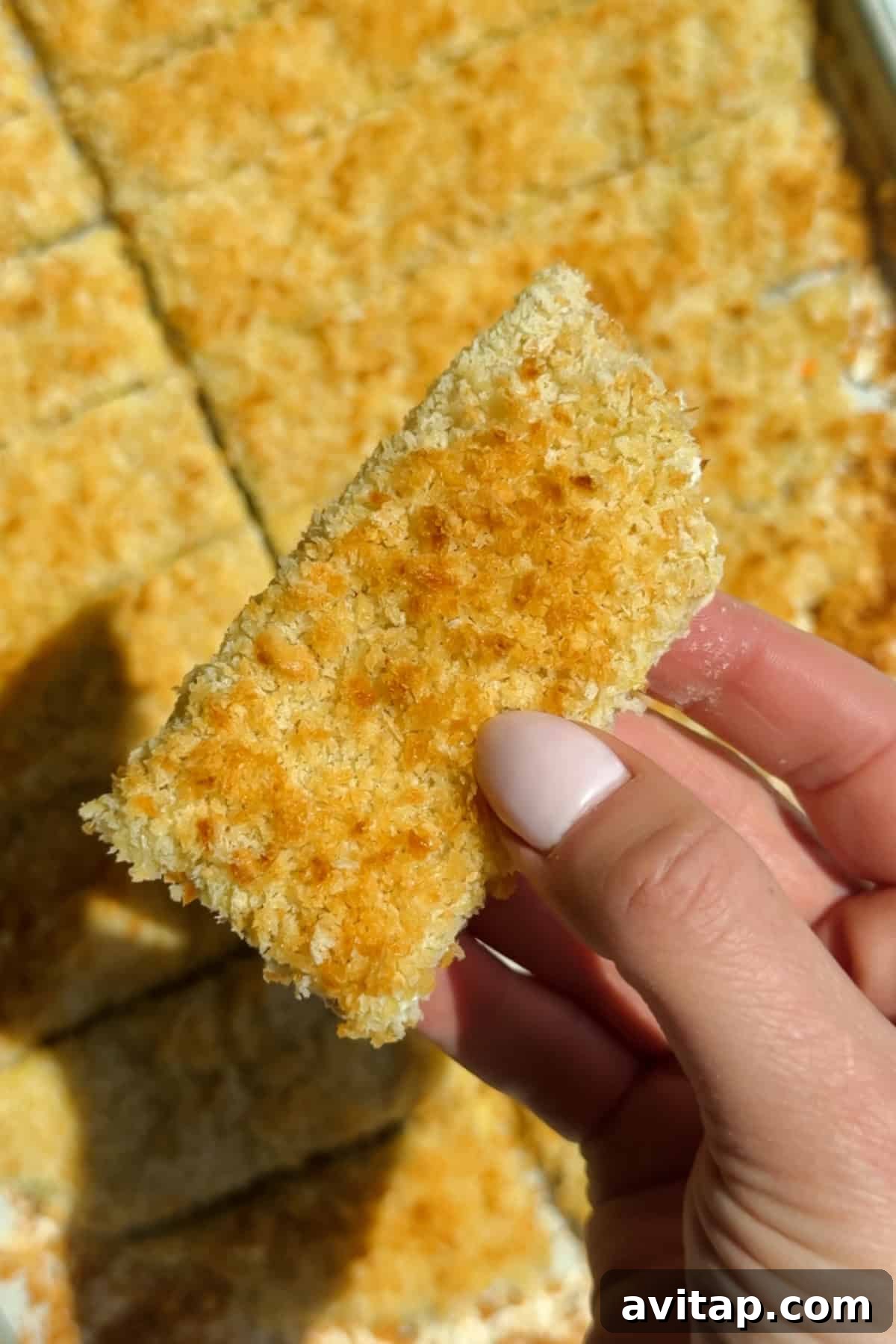Buffalo Chicken Protein Bars — Crispy Baked Snackable Bars 7 Baked chicken protein bars with crispy golden panko crust on a serving tray