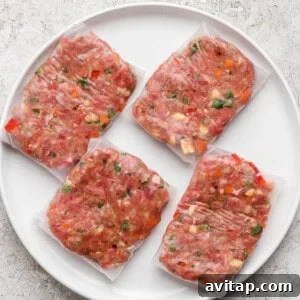 Four vacuum-sealed portions of seasoned raw ground meat with visible herbs and vegetables, arranged on a round white plate.